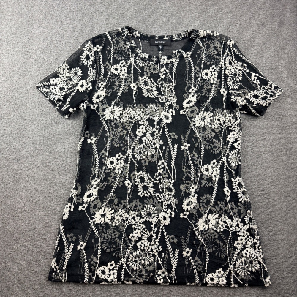 Karen Kane Women's‎ M Floral Mesh Lace Top Black White Short Sleeve Crew Neck